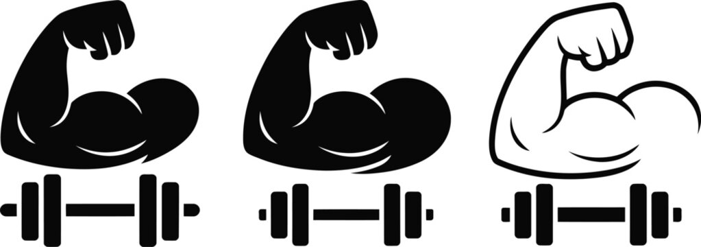 Gym icon set, flexing biceps and dumbbell symbols for strength training fitness workout and bodybuilding design projects.