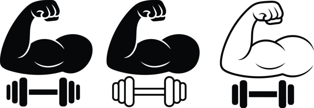 Workout icon set, strength training and gym symbols featuring dumbbells flexing arms and fitness equipment graphics.