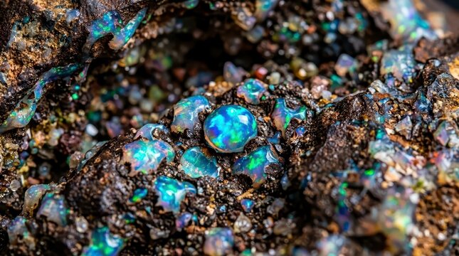Raw opals in rock matrix close up
