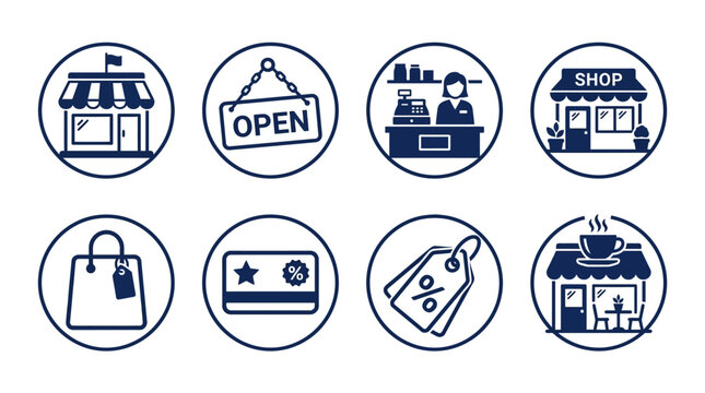 Collection of shop-related icons depicting various retail elements and activities