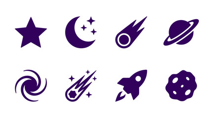 A collection of celestial icons featuring stars, moons, meteors, and rockets in a cosmic theme © Payu