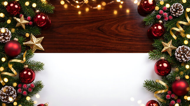Christmas border with red ornaments and green pine on wooden table isolated on white background
