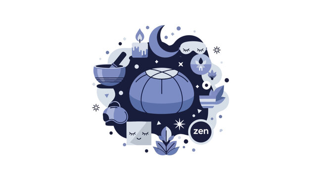 Mindfulness Meditation and Better Sleep Ritual Vector Illustration with Zen Icons