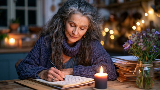 A middle-aged woman in a rural farmhouse kitchen annotating a handwritten estate planning checklist by candlelight, legal folders stacked beside a mason jar of wildflowers, quiet and deliberate atmo