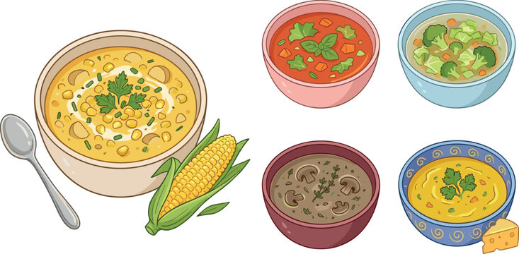 Vector cartoon illustration set of delicious warm soup bowls including corn chowder tomato mushroom broccoli and pumpkin isolated on a white background