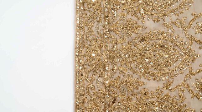 Intricate golden embroidery on sheer fabric features delicate floral patterns and shimmering sequins in this photograph