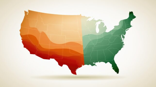A heat map of the United States showing temperature or climate zones with gradients from red in the southwest to green in the east.