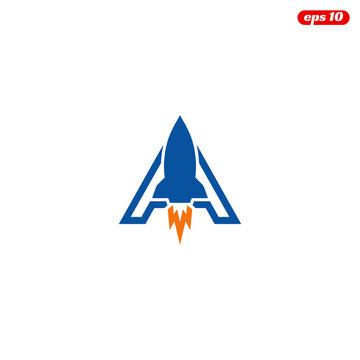 Blue Rocket Launching from Letter A Logo.