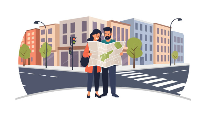 Young Couple Traveling and Navigating City Streets with a Paper Map Flat Vector Illustration