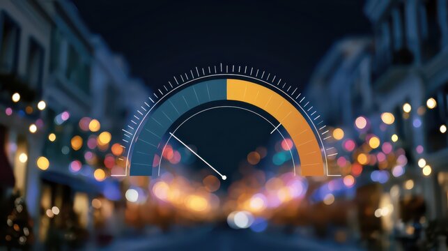 A digital speedometer overlay is superimposed on a blurred nighttime street scene with colorful bokeh lights.