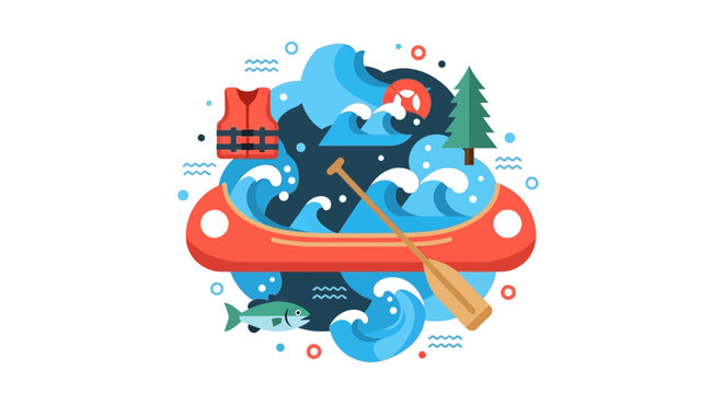Flat Design Illustration of Canoeing Adventure with Water Sports Equipment and Life Jacket