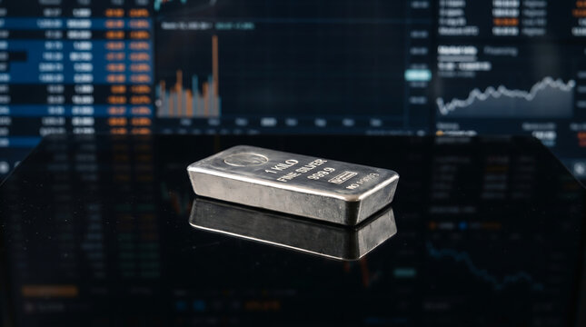 One Kilogram Fine Silver Bullion Bar in the Silver Market with Financial Stock Charts Background
