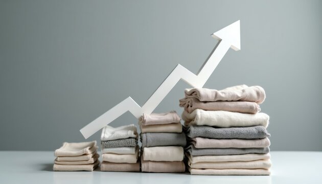 Stacked fabric piles rise with arrow graphic showing positive trend. Concept of business success and economic upward movement. Represents finance growth and market expansion.