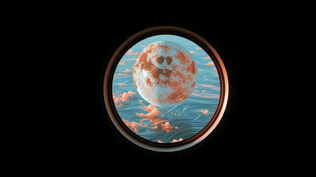 Full moon shining above scattered clouds seen through circular window. Space exploration concept from deep sky vessel. Celestial body in night sky view from port.
