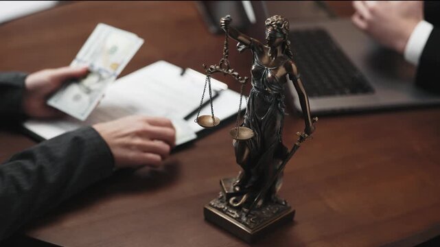 Close-up of cash and a legal desk with a statue of Themis &mdash; a concept of corruption, bribery, financial crimes, and illegal payments in a law office, highlighting bribery, corruption, financial crimes