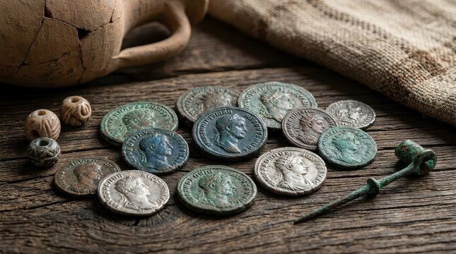 Ancient Roman coins and artifacts on rustic wooden background