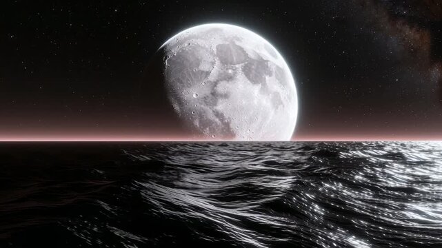 Bright moon rising over dark rippling ocean water at night. Realistic cosmic scenery with starry sky background. Cinematic view of lunar phase above liquid wave.