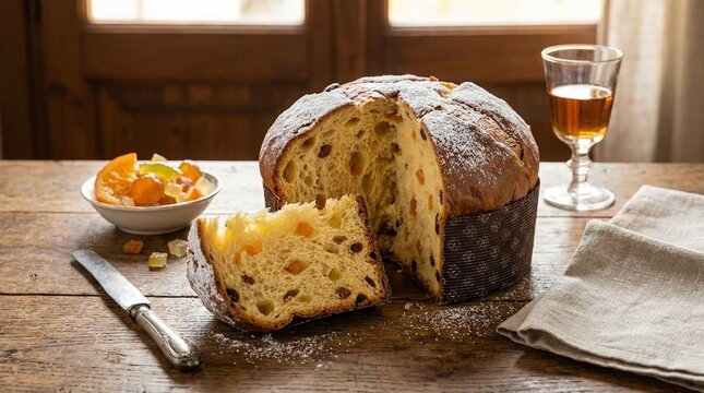 Rustic loaf of sliced panettone on a wooden table with a knife and a glass of dessert wine, warm window light creates a cozy festive mood
