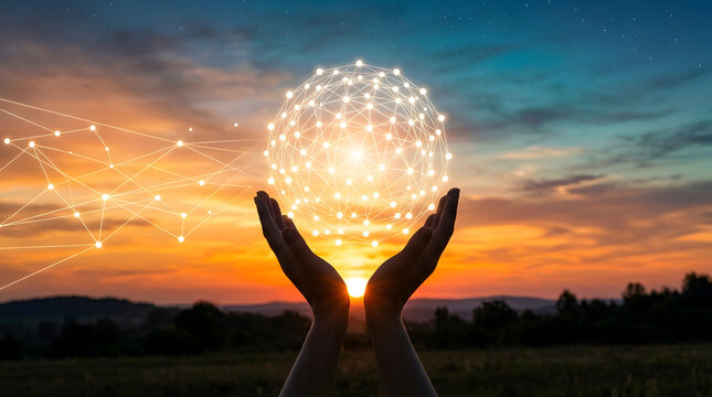 Hands Holding the World: Two open hands gently cradle a luminous, interconnected sphere against a vibrant sunset sky, symbolizing global connection and the promise of a bright future.