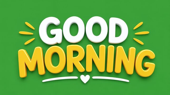 Good Morning Text with Heart and Rays on Green Background, Cheerful Greeting