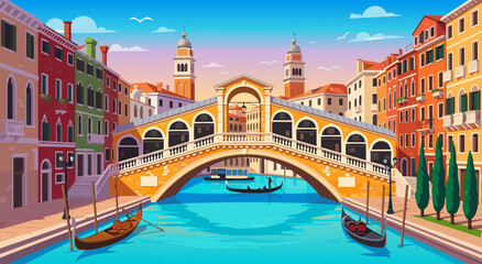 Famous Rialto Bridge in Venice illustration vector artwork, a beloved architectural marvel in Italy, picturesque Italian cityscape © Purnomo
