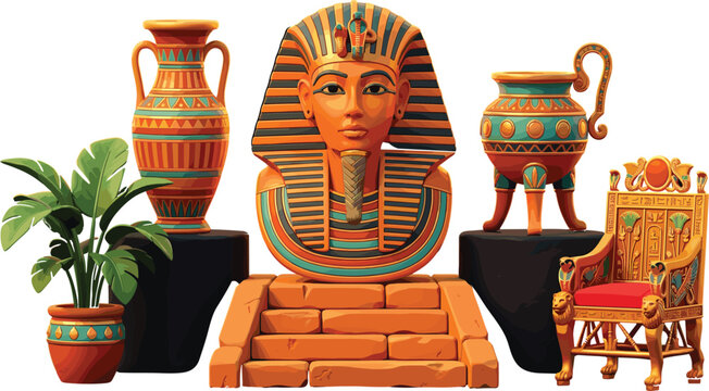 Ancient Egyptian Culture Vector Illustration with King Tutankhamun Pharaoh Burial Mask, Golden Throne, Antique Vases, and Decorative Plant Elements