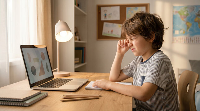Child showing signs of eye strain during online learning on laptop