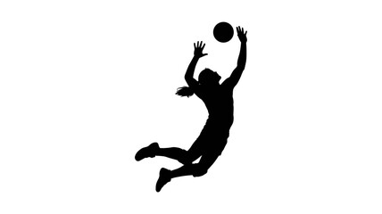 Black silhouette of a female volleyball player jumping high in the air to hit a ball during a professional game match, showing athletic movement, dynamic pose, and active energy for sports © Feroz Hasan