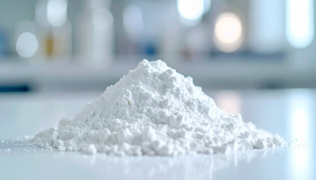 Fine white powder on a clean surface, hydrolyzed collagen, soft sterile lighting, blurred laboratory backdrop, modern scientific-ingredient concept