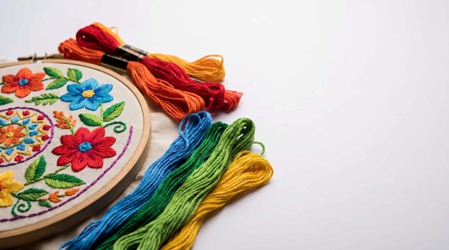 Vibrant floral embroidery design inside a wooden hoop with colorful threads for creative needlework projects