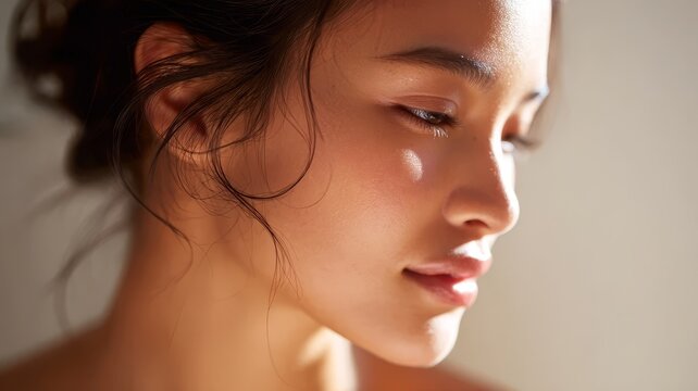 Soft light glows on her cheek and neck
