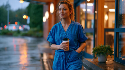 Fototapeta premium Rain soaked hospital entrance with a woman in scrubs stepping out for a break, holding a reusable cup, a small potted plant on the ledge beside her, wet pavement reflecting lobby light, ideal for he