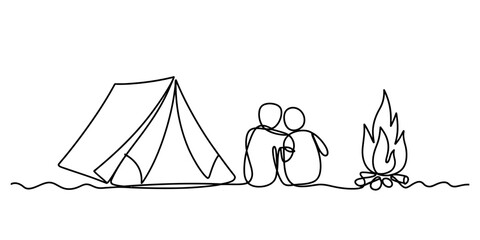 Couple sitting by a campfire in front of a tent line art © Purnima