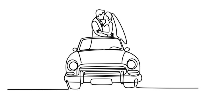 Continuous line drawing of a bride and groom in a car