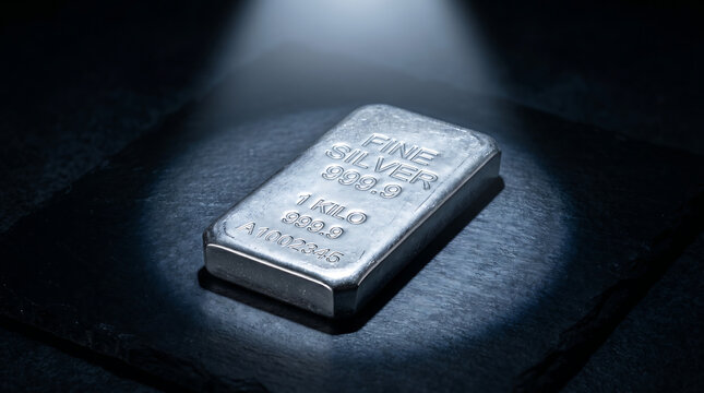 One Kilo Fine Silver Bullion Bar on Dark Slate in Spotlight, Silver Market Investment