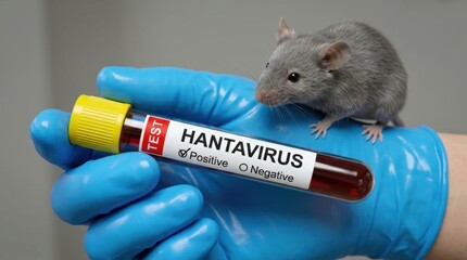 Obraz premium Positive Hantavirus blood test tube held near a small mouse