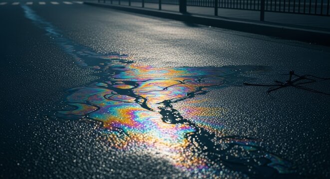 Vibrant rainbow oil slick shimmering on wet asphalt road surface