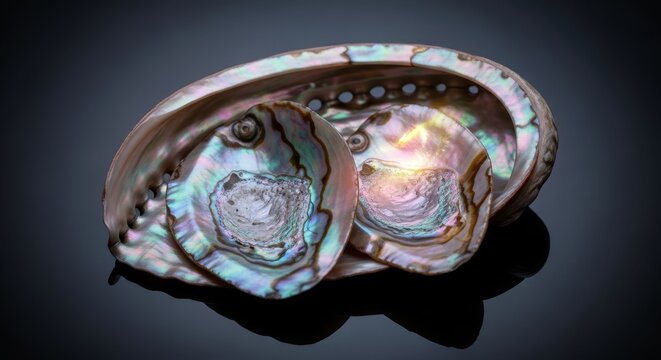 Close-up of a stunning iridescent abalone shell showcasing its pearlescent nacreous layers and intricate patterns.