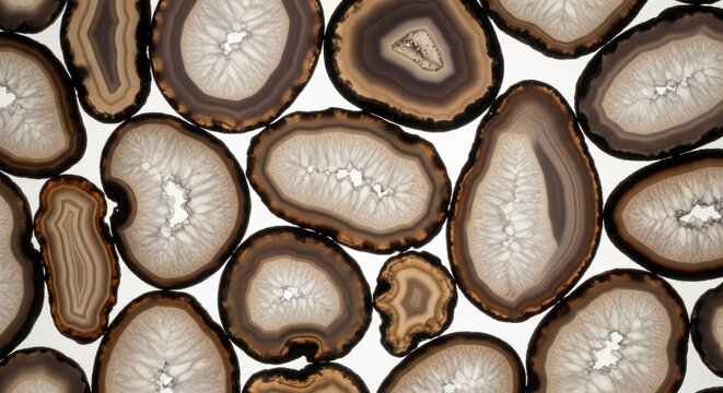 A close-up view of translucent, layered agate slices exhibiting natural banded patterns and crystal formations
