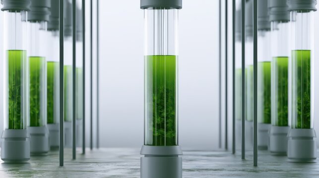 Rows of transparent tubes filled with green liquid, likely representing algae or biofuel production in a futuristic lab setting.