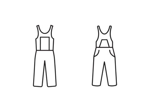 Line drawing of front and back of overalls with straps and pockets  isolated on white background