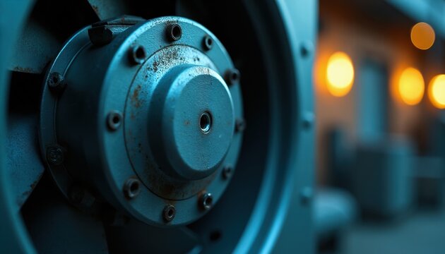 Macro close up of industrial exhaust fan motor hub. Rusty metal components, bolt heads, and fan blades are visible. Blurred warm lights glow in background.