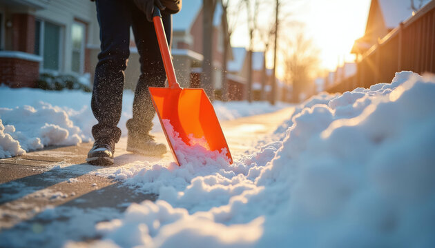 Person uses orange shovel clearing snow from sidewalk during sunny winter morning. Cold weather chore requires physical effort. Residential street in neighborhood needs clearing. Seasonal outdoor