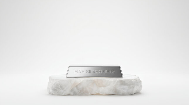 Fine Silver 999.9 Bullion Bar on White Stone Podium, Silver Market Investment