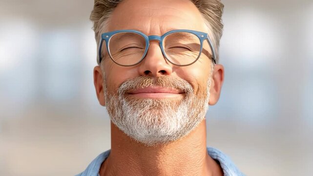 This final image features a close-up portrait of a middle-aged man with graying hair, a well-groomed beard, and stylish glasses, appearing calm with his eyes closed.