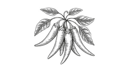 Adobe Illustrator ArtworkA detailed hand drawn sketch of a bunch of spicy chili peppers with green leaves showing fine ink line art style for culinary design projects and organic food labels or restau © Feroz Hasan