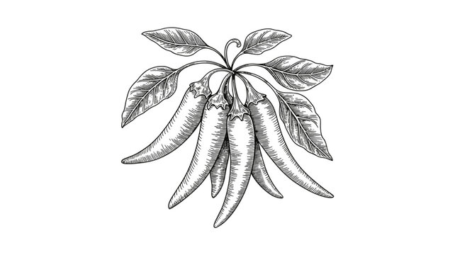 Adobe Illustrator ArtworkA detailed hand drawn sketch of a bunch of spicy chili peppers with green leaves showing fine ink line art style for culinary design projects and organic food labels or restau