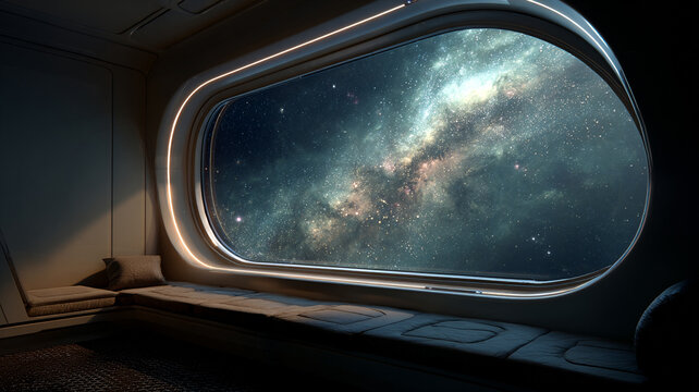 Spaceship cabin interior with curved window showing nebula and stars.