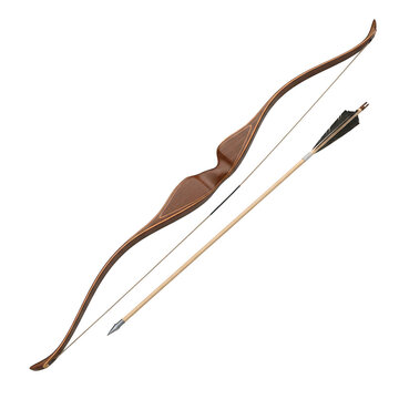 Traditional wooden recurve bow and feathered arrow isolated on a transparent background