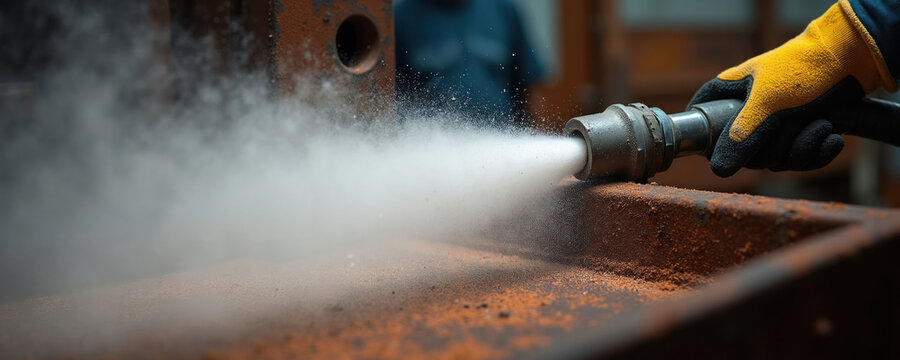 Industrial sandblasting nozzle operates on metal surface. Abrasive spray removes rust during prep work. Worker uses equipment for cleaning corrosion removal in workshop setting. Construction,